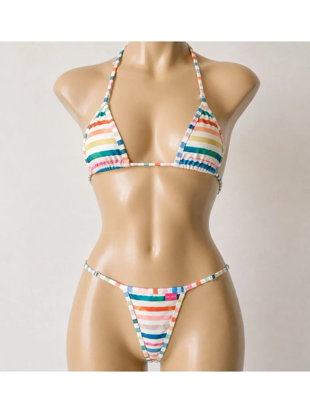 Oh Lola Swimwear Multicolor Stripe Micro Bikini + Pouch | Size Small
